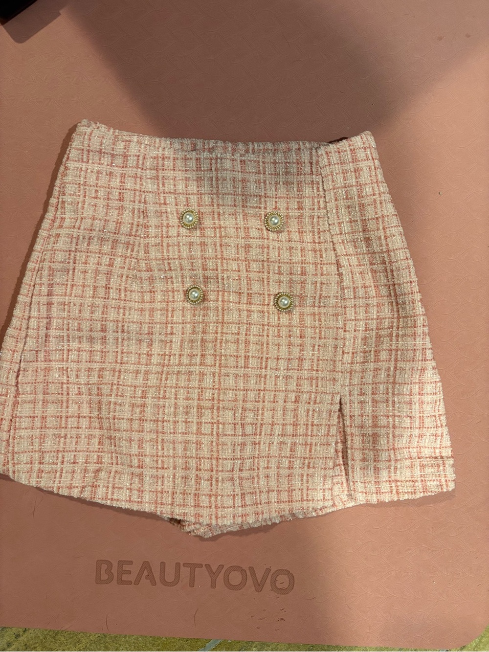 Pink Lily Pink Plaid Tweed Mini Skort with Pearl Buttons (no stretch)